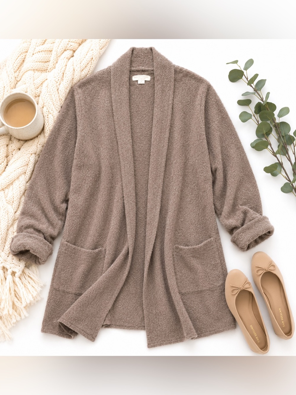 Barefoot Dreams CozyChic Lite Duster Cardigan Med Taupe Open Front Pockets Soft